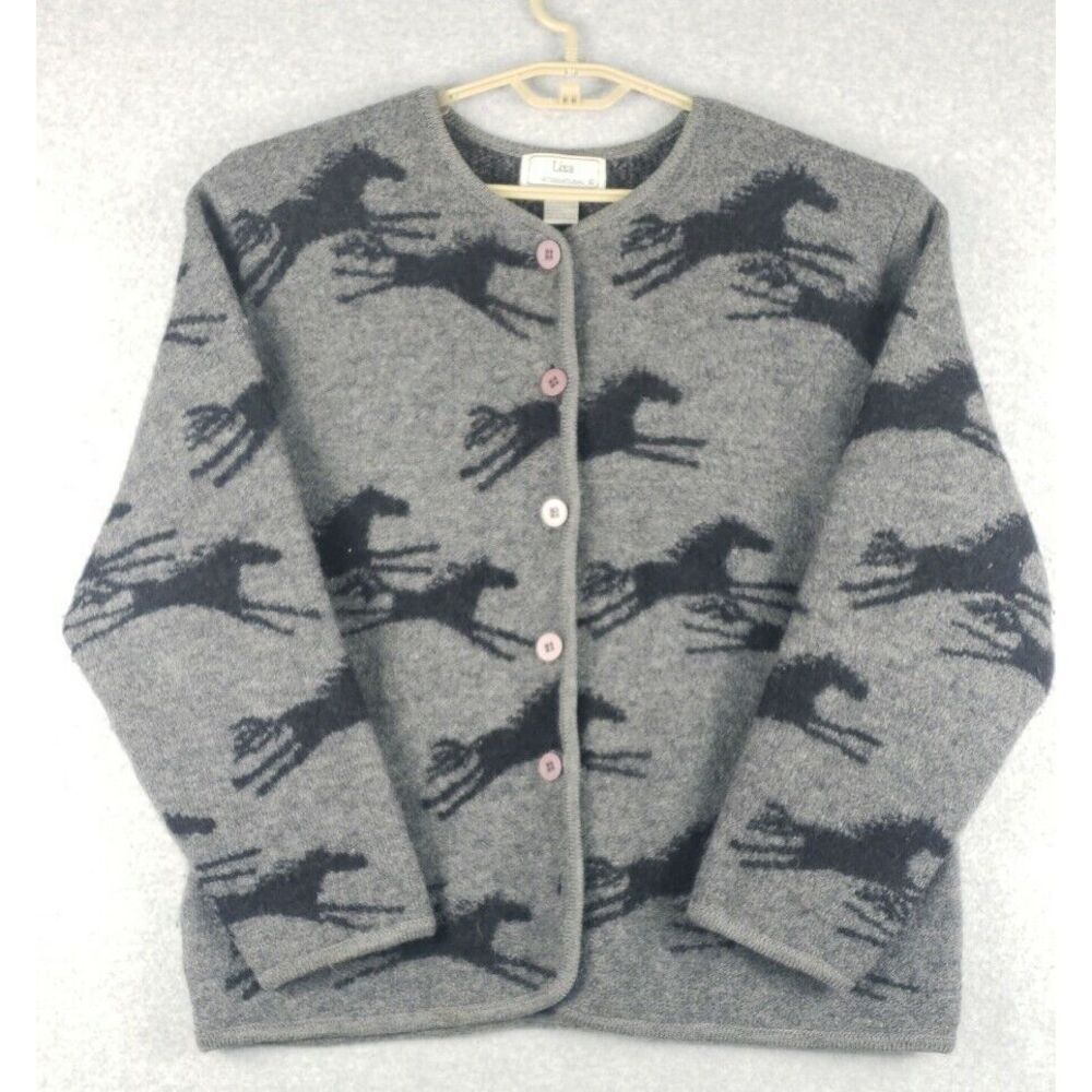 Vintage Lisa International Womens Boiled Wool Cardigan Sweater XL Black Horses